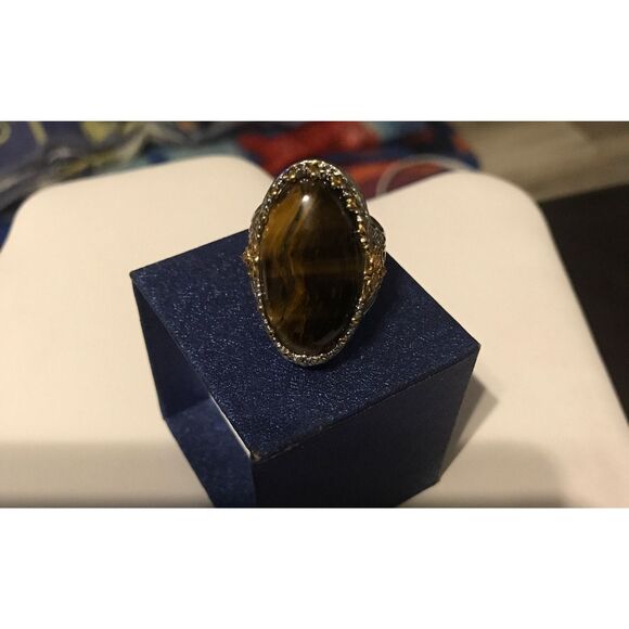 Gorgeous 30 Carat Genuine African Tiger Eye Gemstone Filigree Ring Sz 8 - Picture 2 of 5